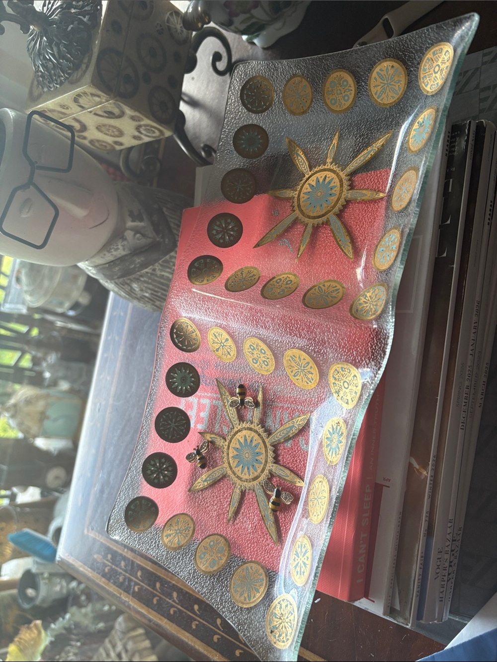 Gold and turquoise  Glass Engraved Candy Dish